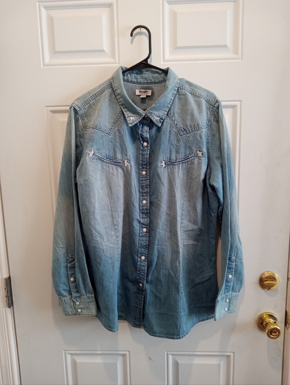 Wrangler Light Blue Denim Pearl Snap Button-Down Shirt Mens Size xL